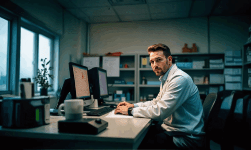 Profissional jovem usando jaleco branco, sentado em frente a dois monitores de computador em um escritório técnico, simbolizando análise de dados, responsabilidade técnica e conformidade regulatória no contexto da Lei do Bem e do FORM P&D 2025.