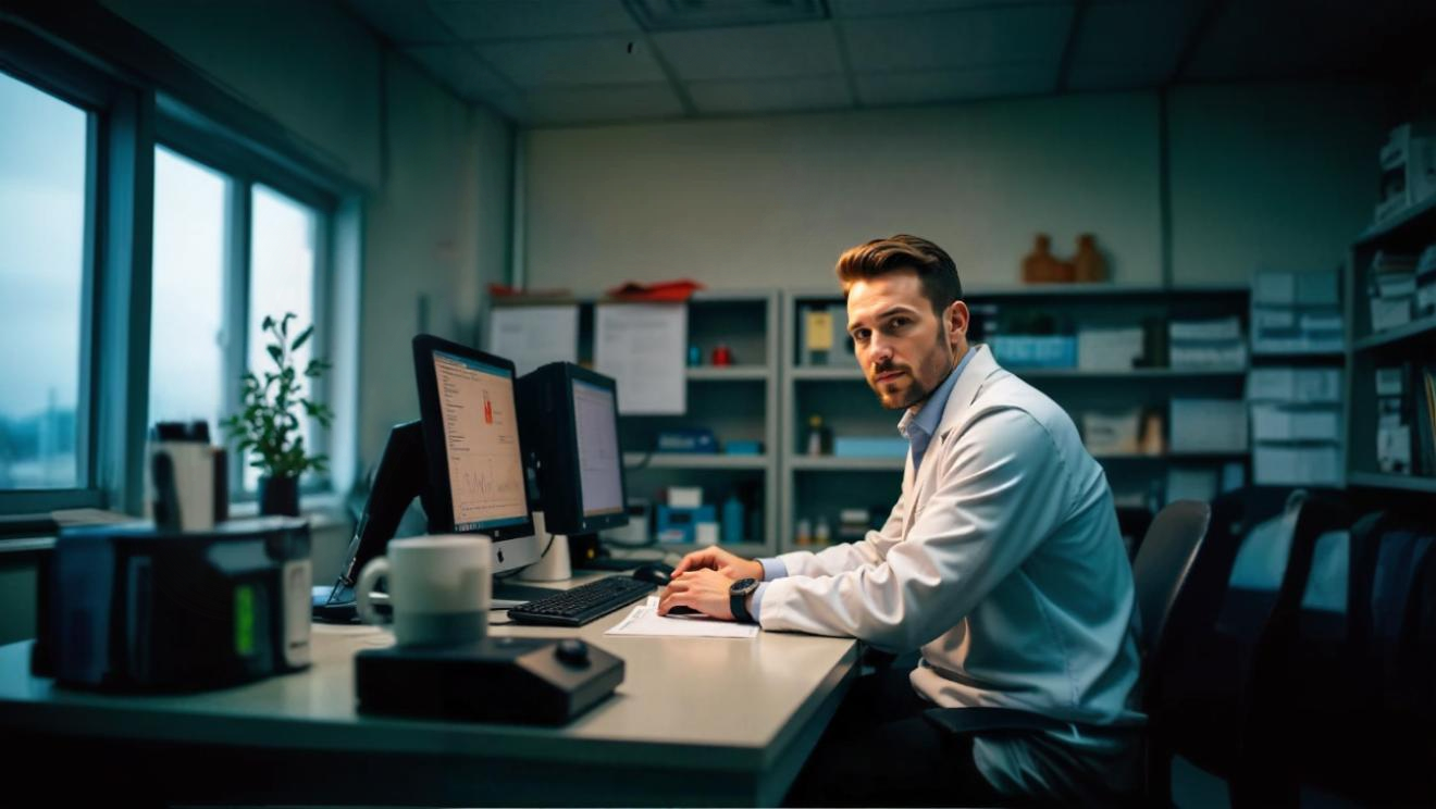 Profissional jovem usando jaleco branco, sentado em frente a dois monitores de computador em um escritório técnico, simbolizando análise de dados, responsabilidade técnica e conformidade regulatória no contexto da Lei do Bem e do FORM P&D 2025.
