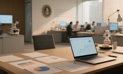 ambiente de escritório moderno voltado para ciência e inovação, com mesa exibindo documentos, gráficos e um notebook com tela de análise de dados. ao fundo, área com equipamentos de laboratório e profissionais trabalhando em estações de pesquisa, transmitindo rotina de análise técnica e atividades de pesquisa, desenvolvimento e inovação.