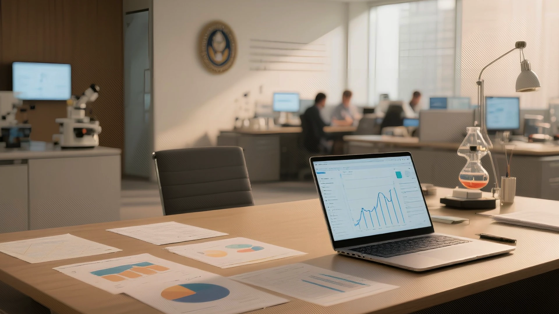 ambiente de escritório moderno voltado para ciência e inovação, com mesa exibindo documentos, gráficos e um notebook com tela de análise de dados. ao fundo, área com equipamentos de laboratório e profissionais trabalhando em estações de pesquisa, transmitindo rotina de análise técnica e atividades de pesquisa, desenvolvimento e inovação.